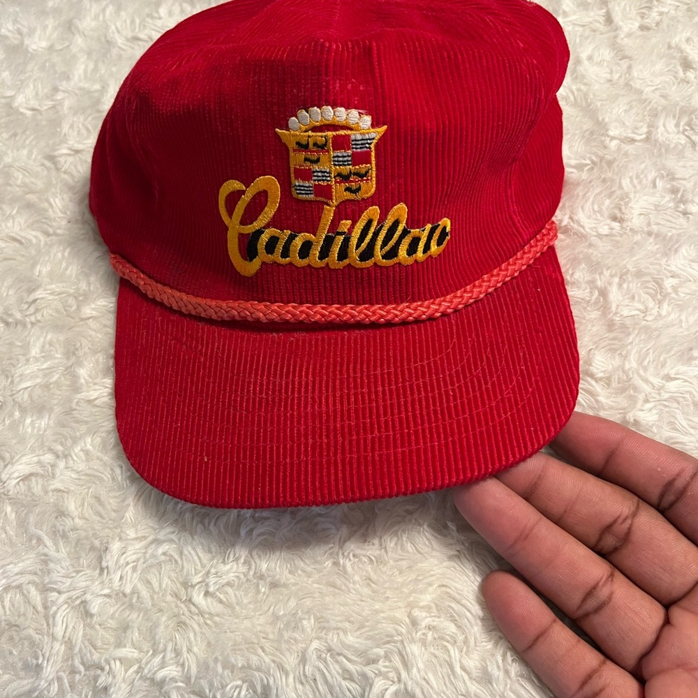 Vintage Cadillac Corduroy Snapback Hat Red Gold Embroidered Rope Cap